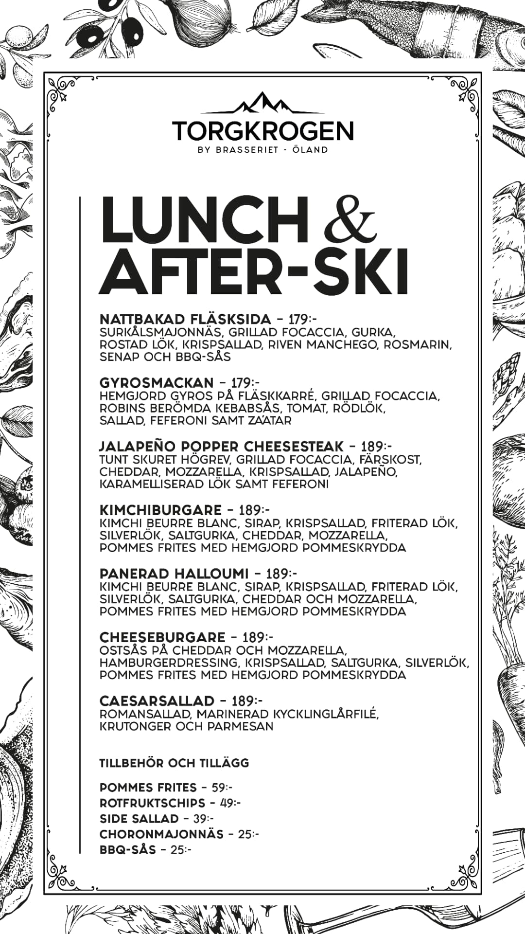 Lunch- och afterskimeny på Torgkrogen – burgers, fläksida och tillbehör
